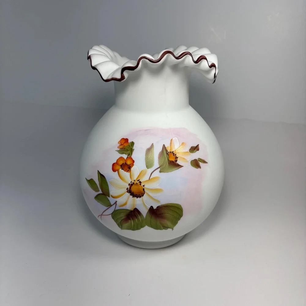 Vtgmosser White Hand Painted Floral Vase Signed Ruffled Edge